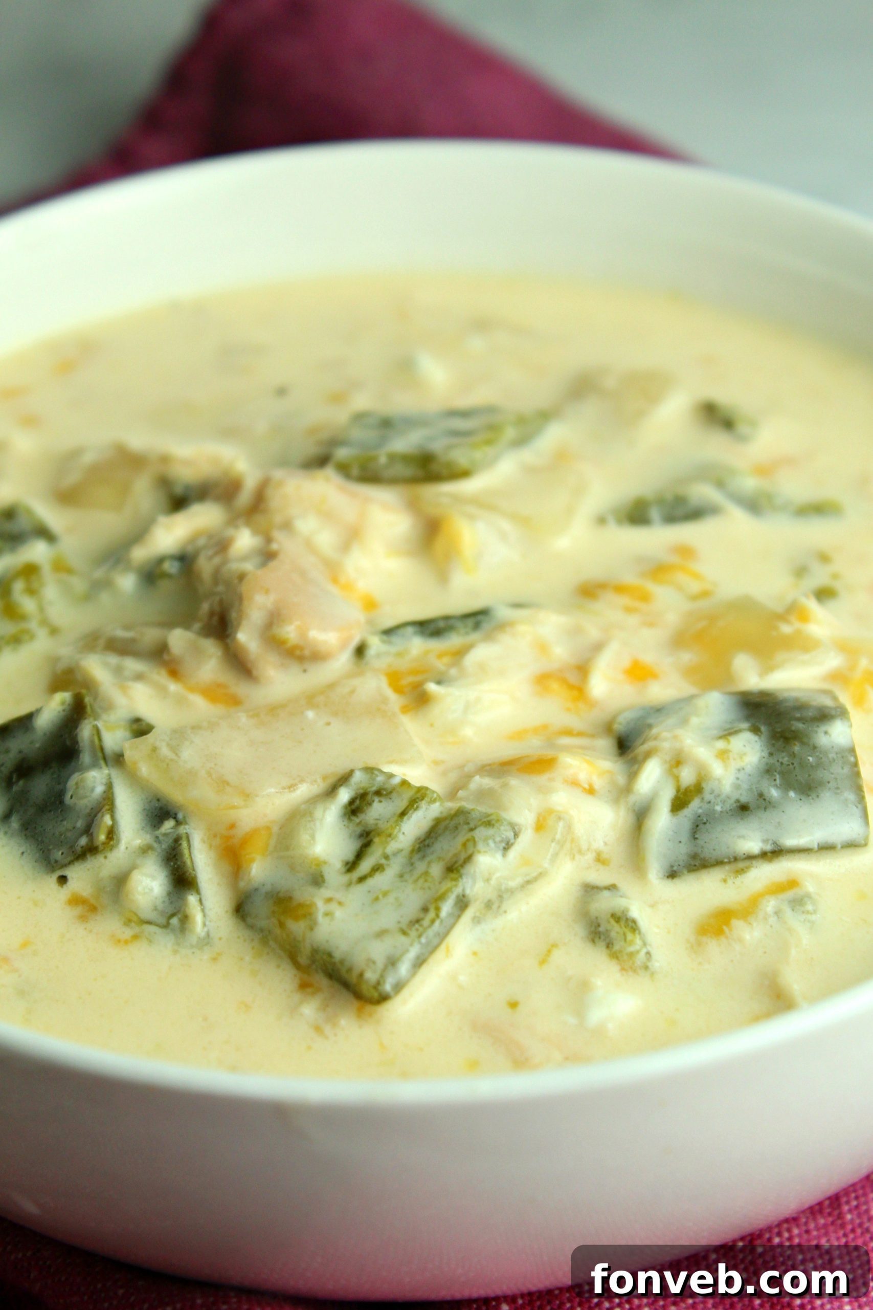 Close-up of a serving of Slow Cooker Chicken Chile Rellenos Soup