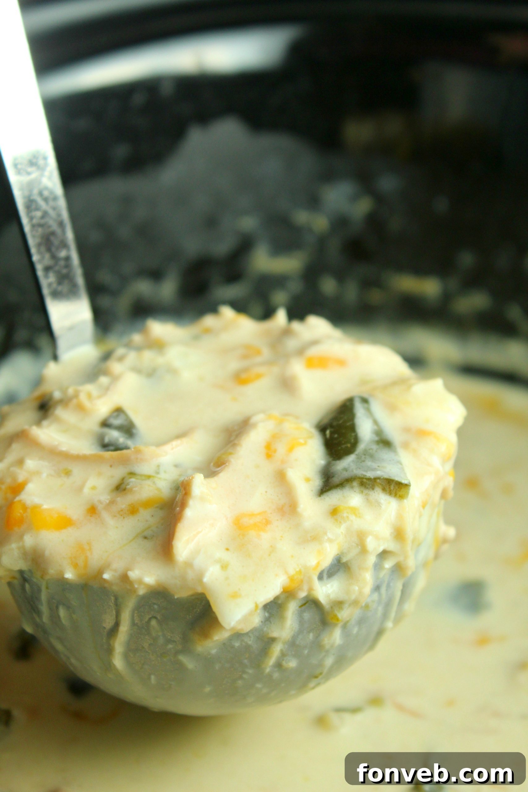 Individual serving of Slow Cooker Chicken Chile Rellenos Soup with a spoon