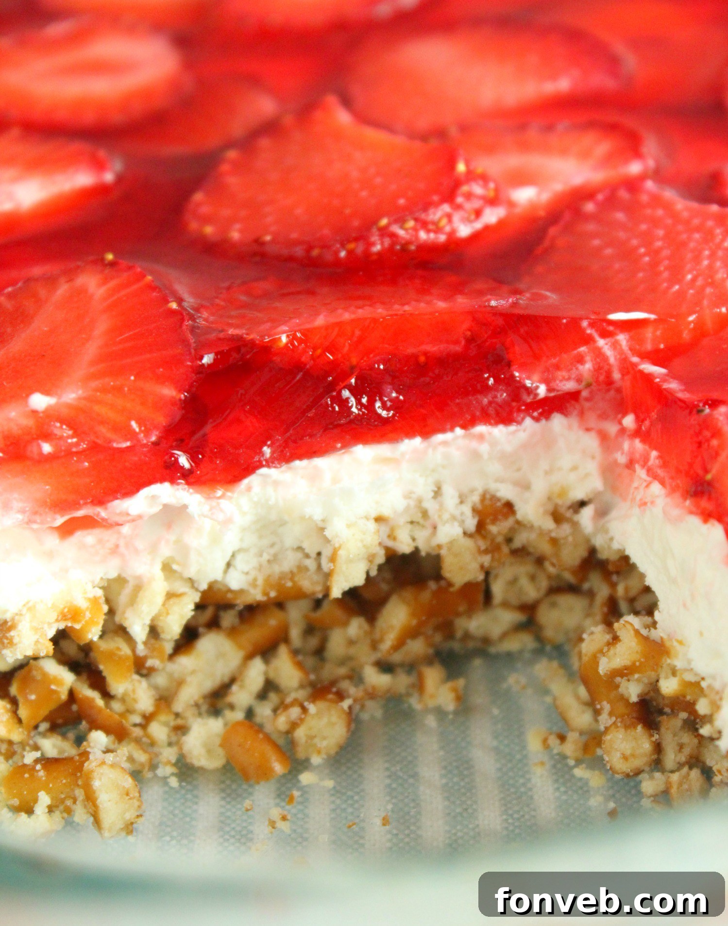 old image of my Strawberry Pretzel Salad in a clear baking pan 