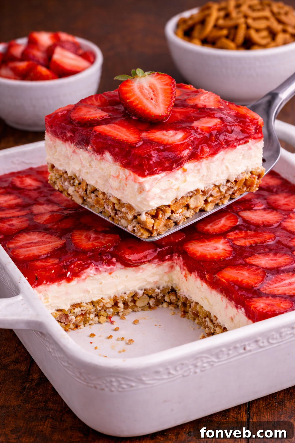 Strawberry Pretzel Salad in a pretty white baking pan with a slice being lifted up 