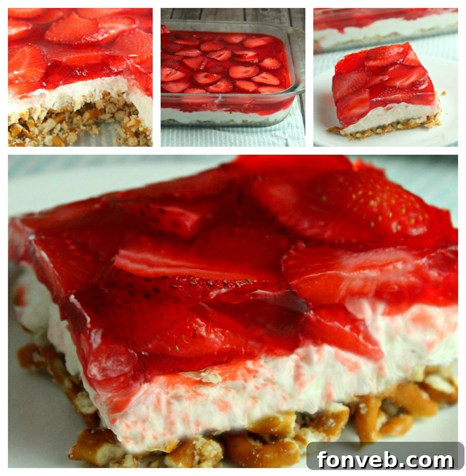 collage old image of my Strawberry Pretzel Salad on a pretty white plate  and in a baking dish collage