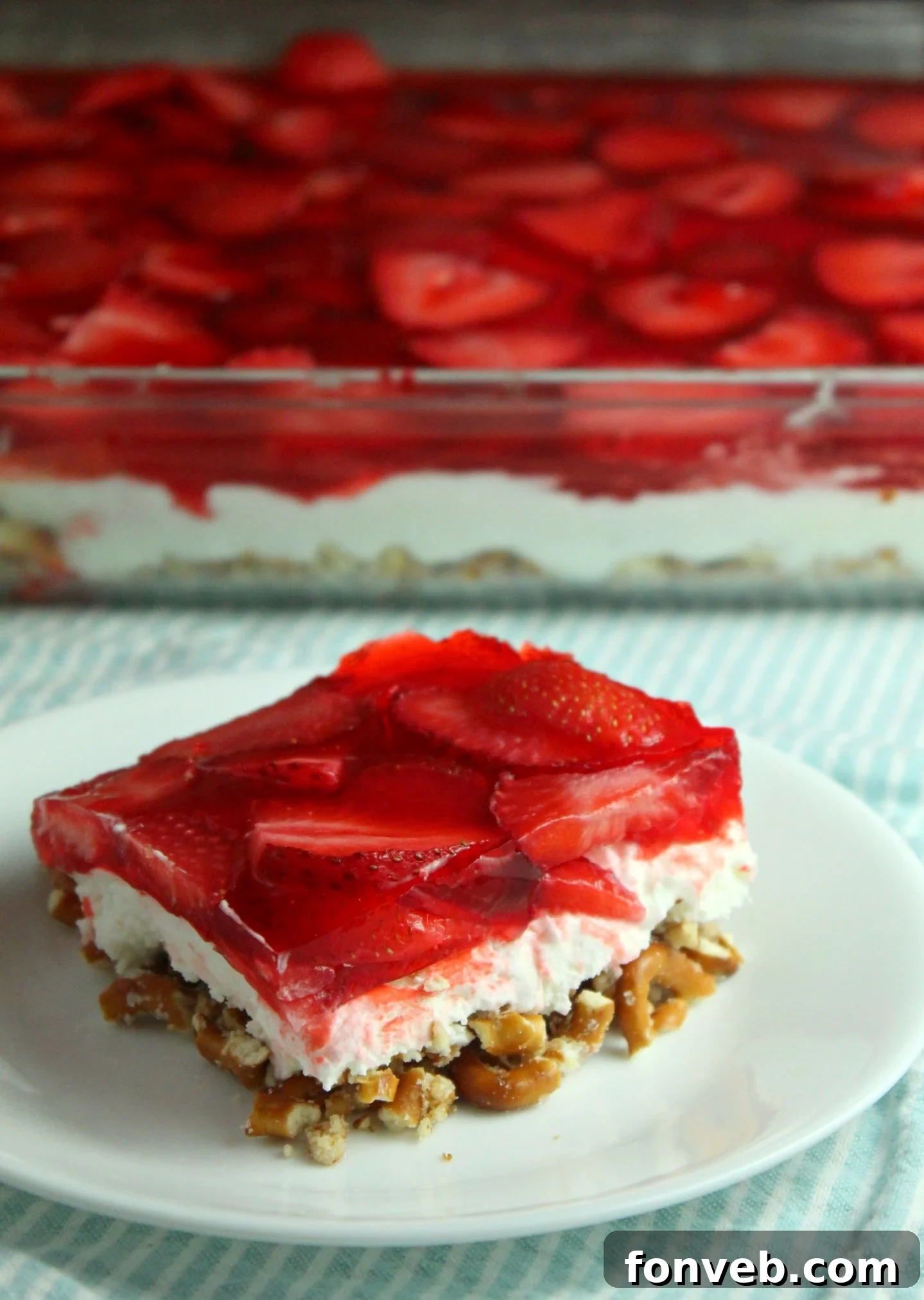 old image of my Strawberry Pretzel Salad on a white dish