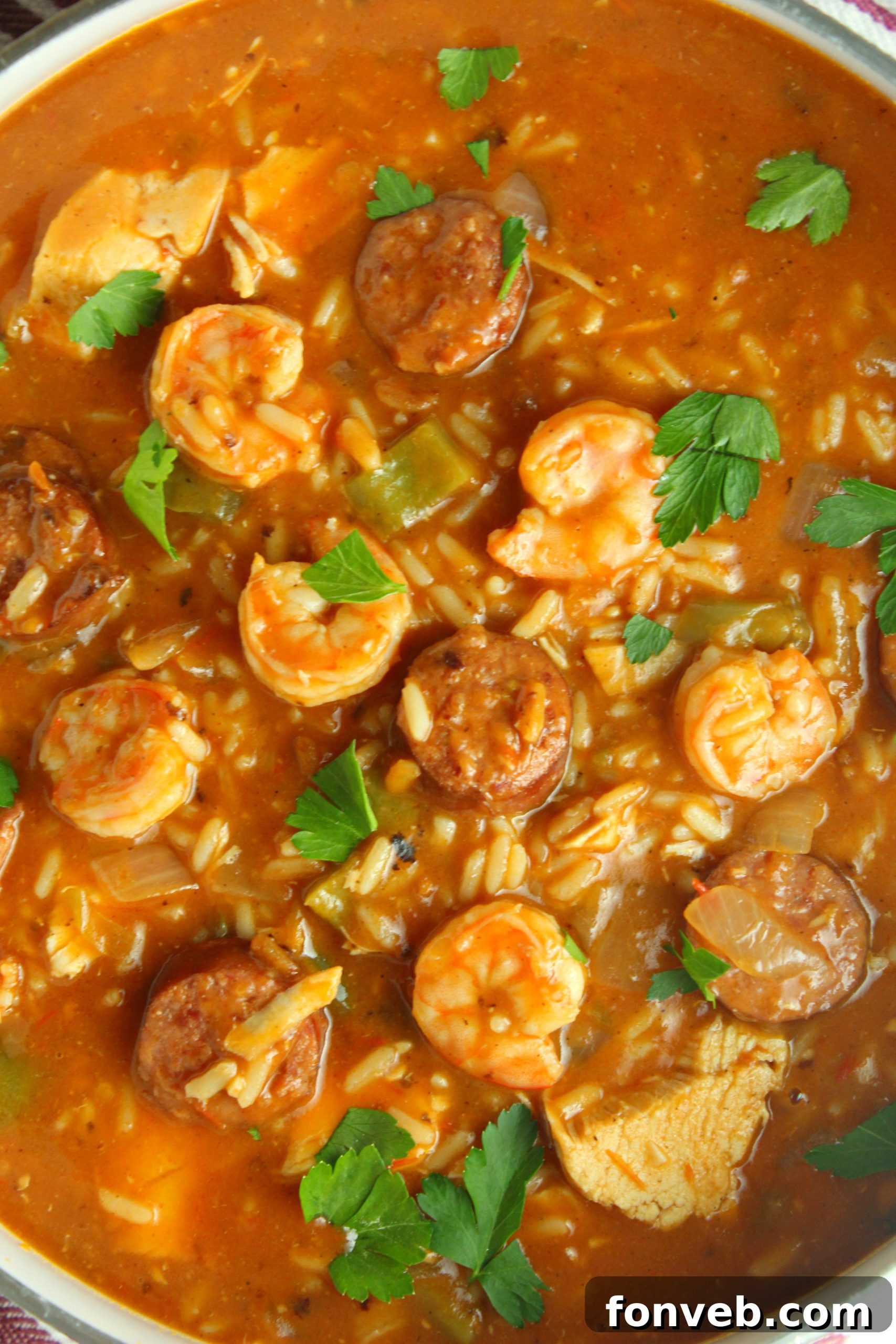 Spicy Cajun Jambalaya Soup 10 The final presentation of the Jambalaya Soup in a beautiful bowl, garnished with green onions and a sprinkle of spices.