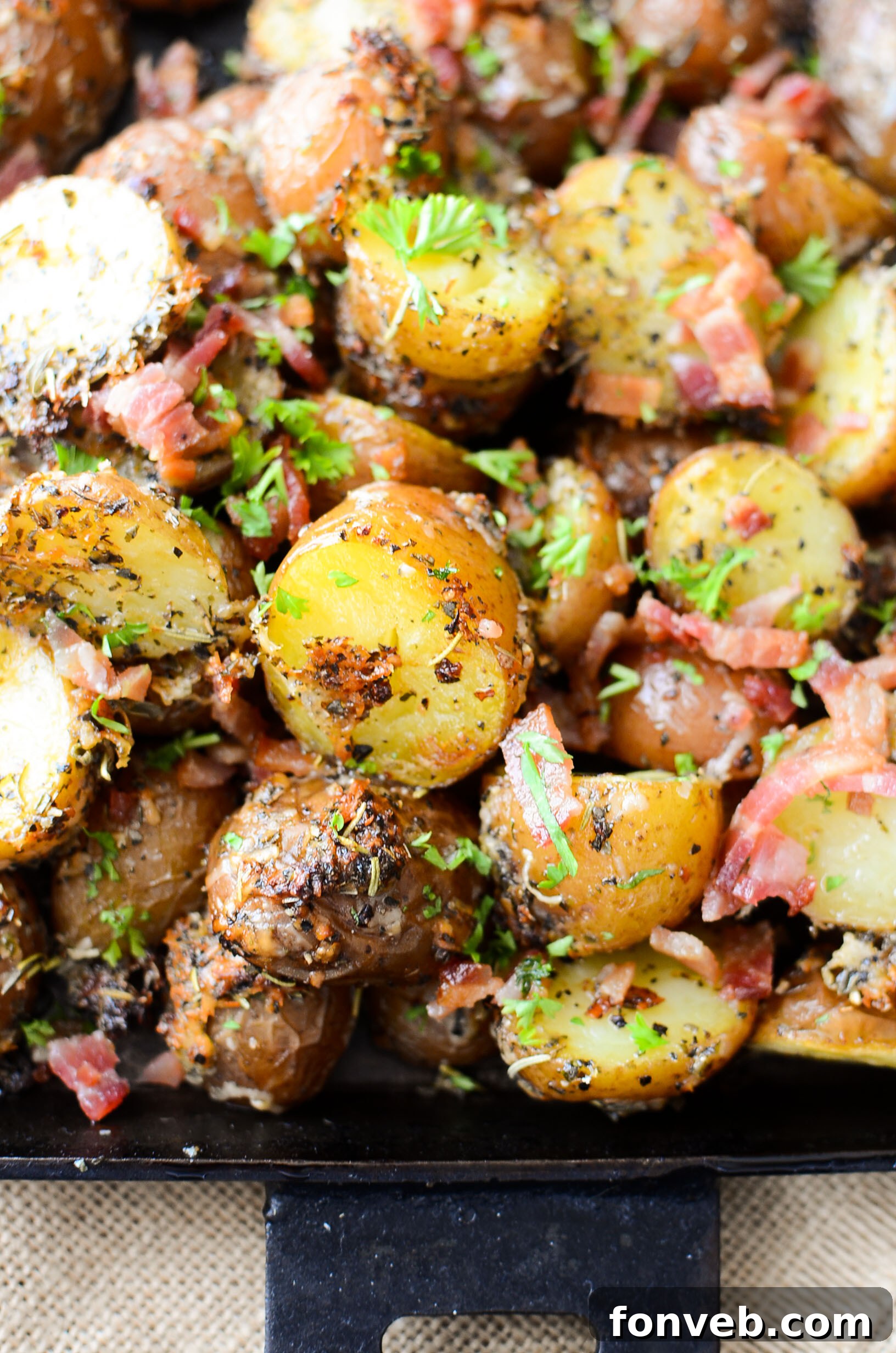 Parmesan crusted roasted potatoes served with a delicious main course, ready to be enjoyed
