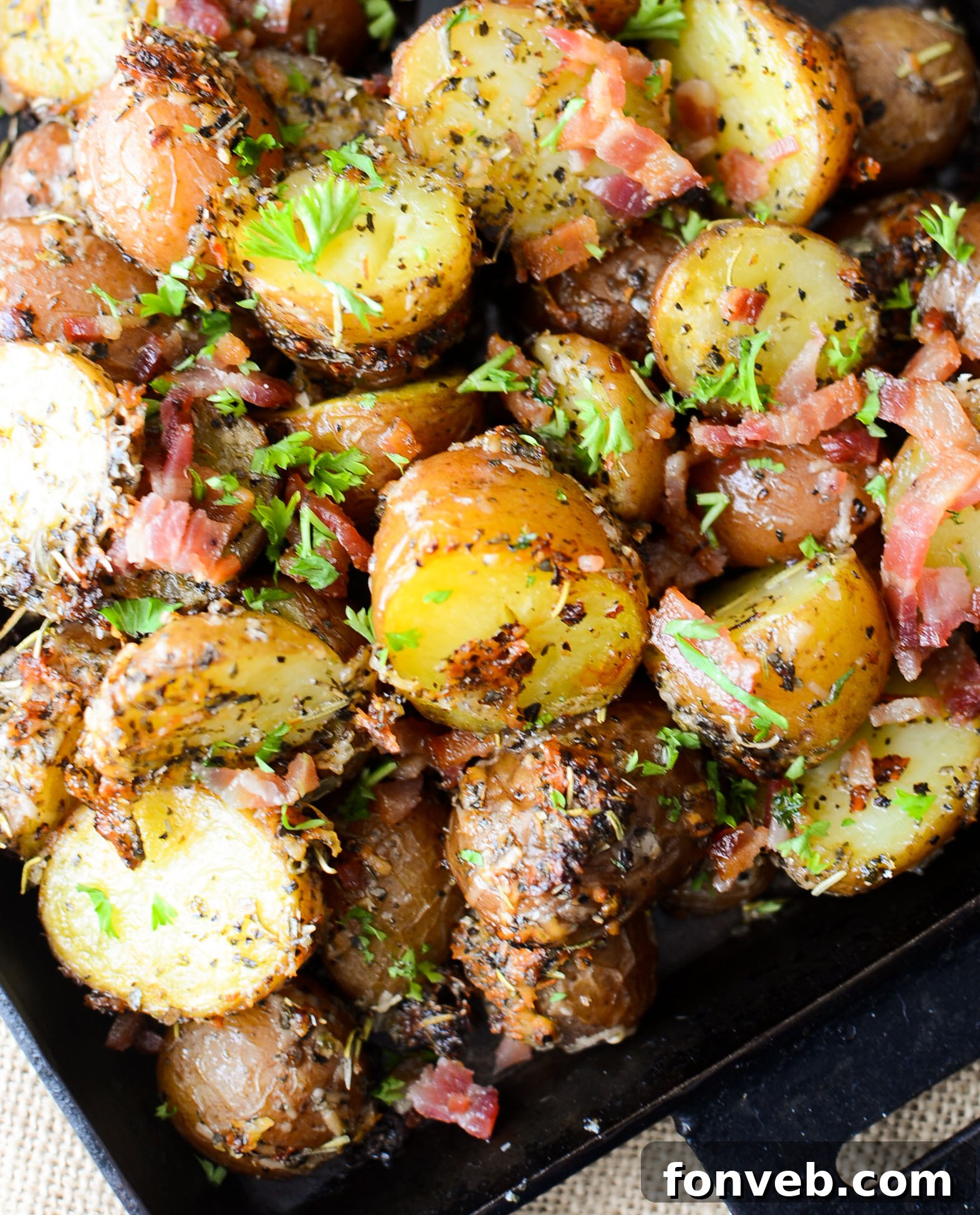 A final shot of parmesan crusted roasted potatoes with bacon, perfectly plated