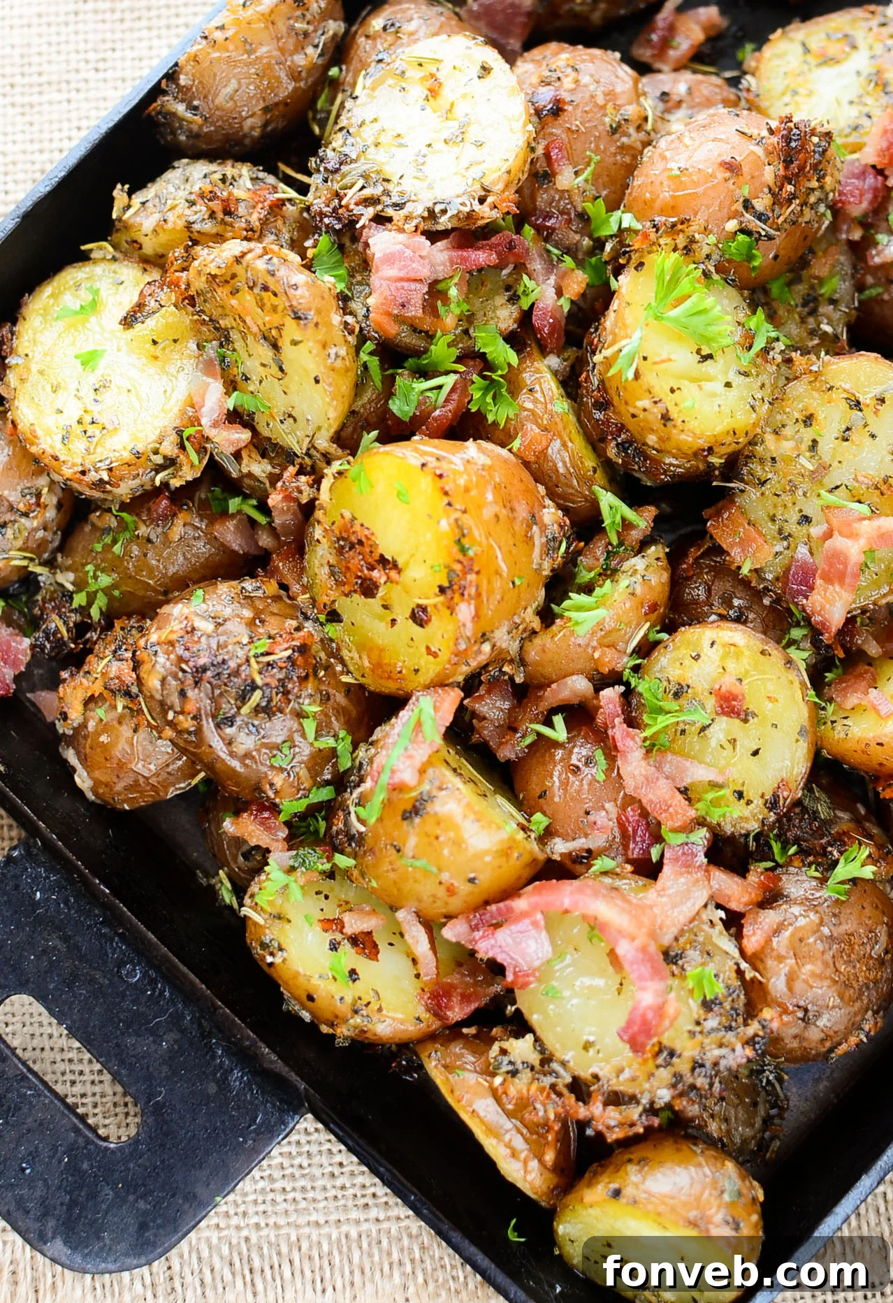 A final close-up of the delicious parmesan crusted roasted potatoes with bacon