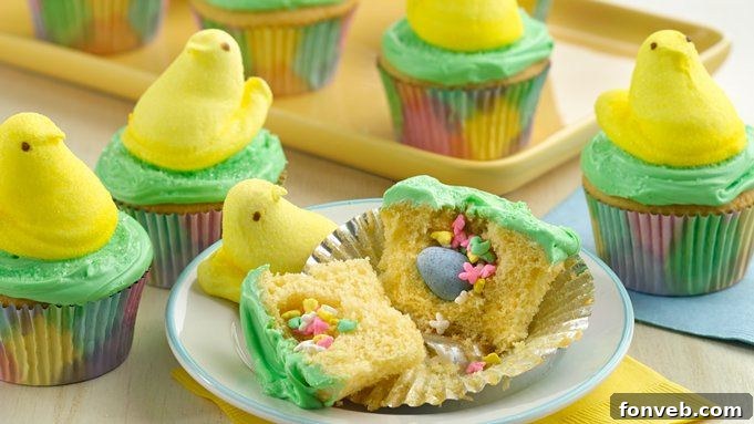 Delicate nesting baby bluebird cupcakes, featuring blue frosting and edible birds nested in coconut 'grass'.