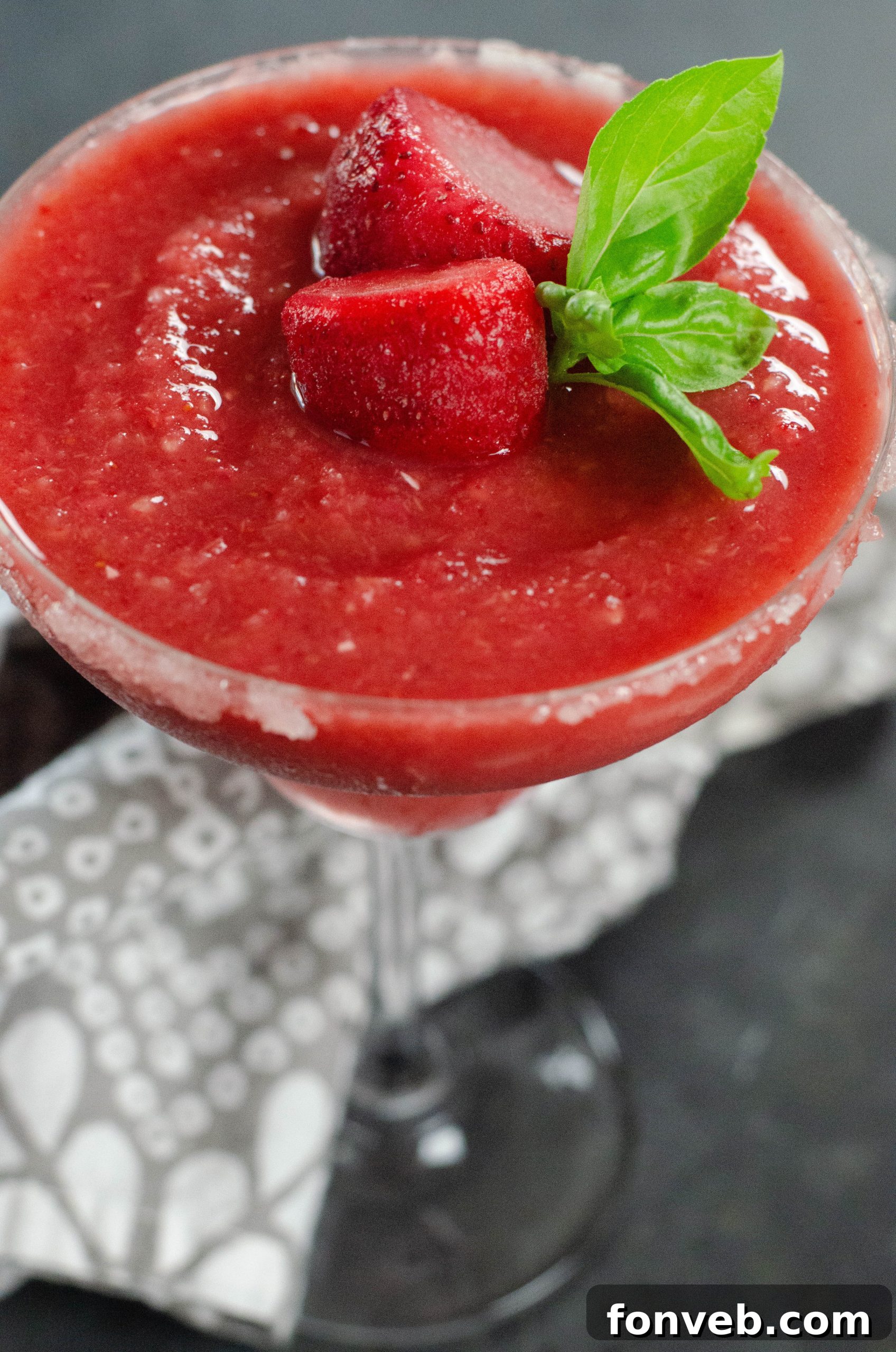 Frozen Strawberry Dream 4 A close-up shot of a Strawberry Daiquiri showing its slushy texture.