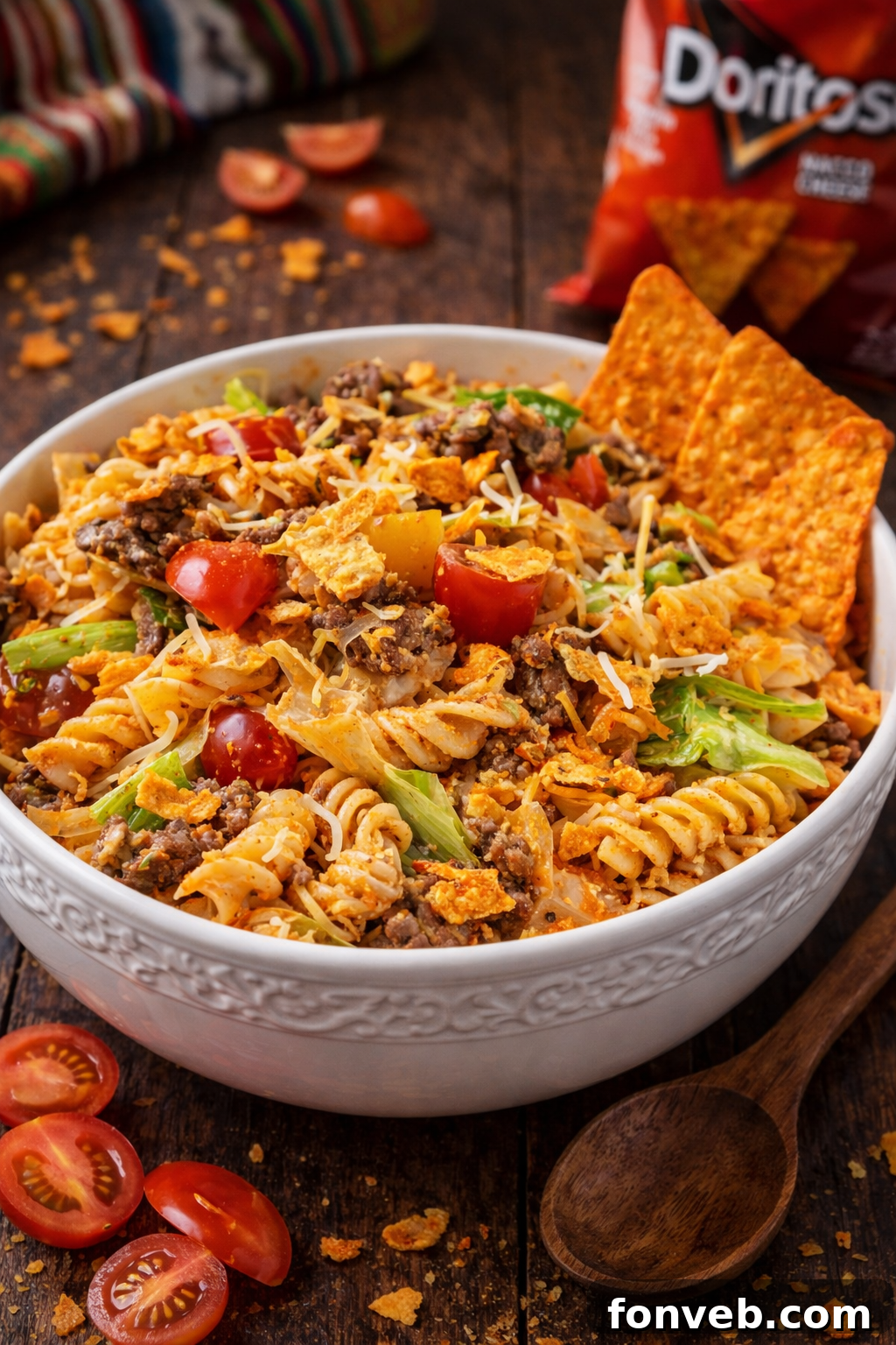 Doritos Locos Taco Pasta Salad in a pretty white bowl 