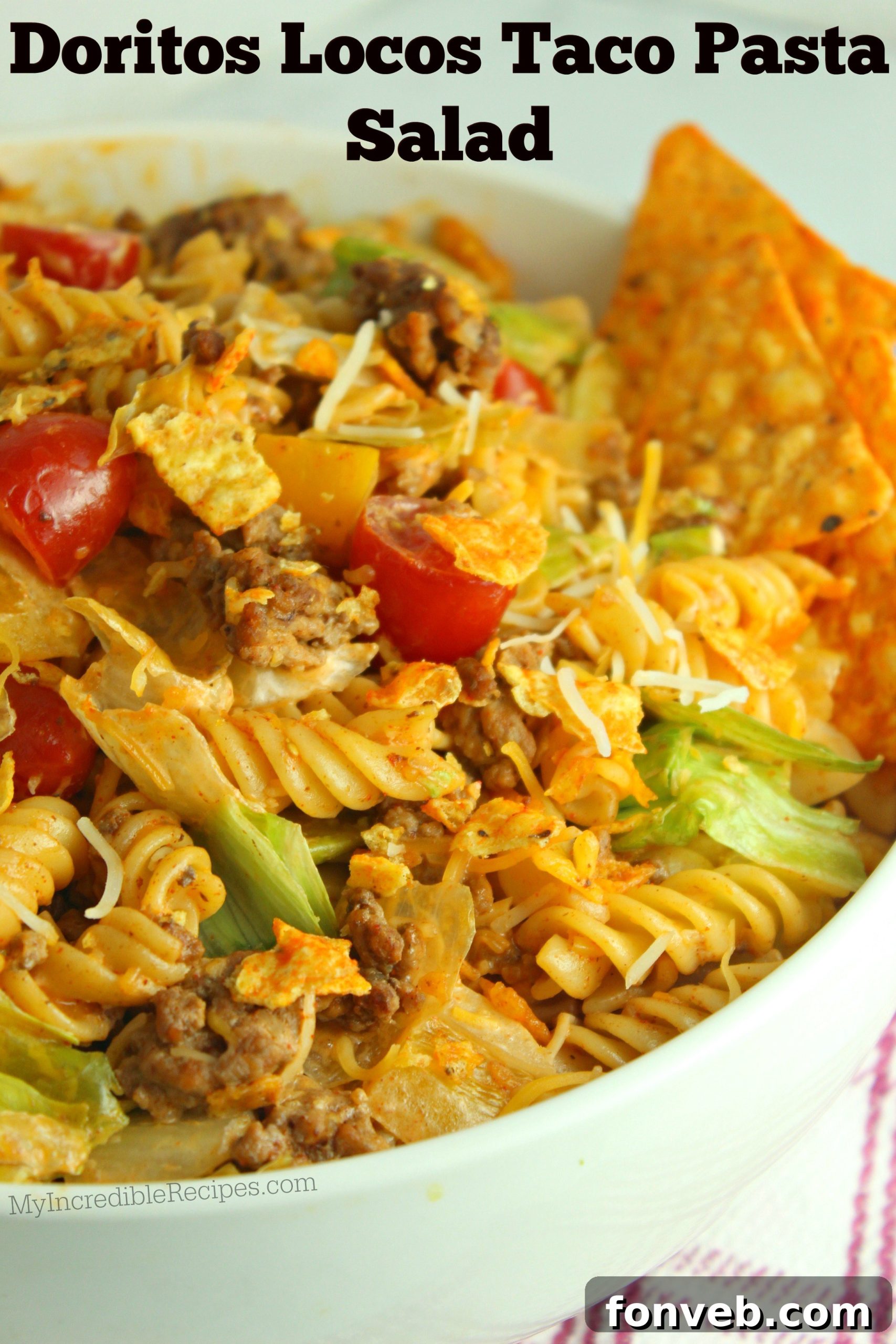 Close-up of Doritos Locos Taco Pasta Salad showing ingredients