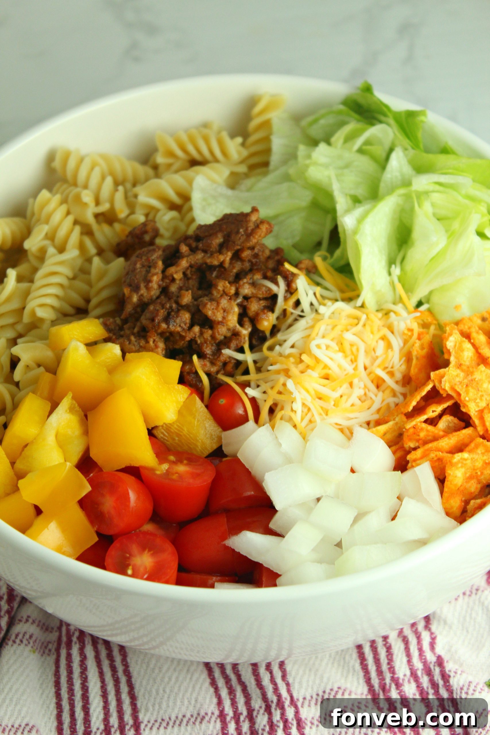 Ingredients for Doritos Locos Taco Pasta Salad laid out