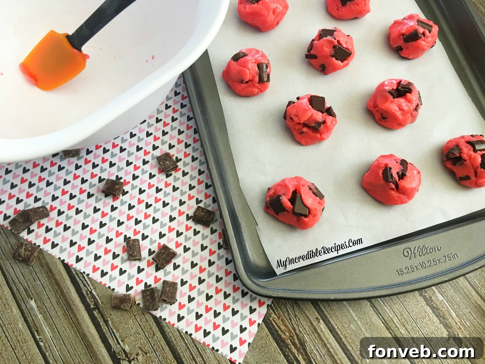 Chocolate chunks in strawberry cookies
