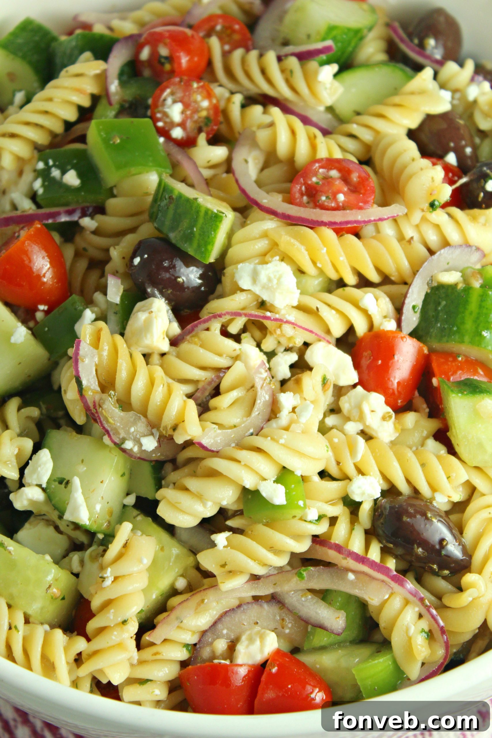 A final close-up image of the Greek Pasta Salad, ready for serving or enjoyment.
