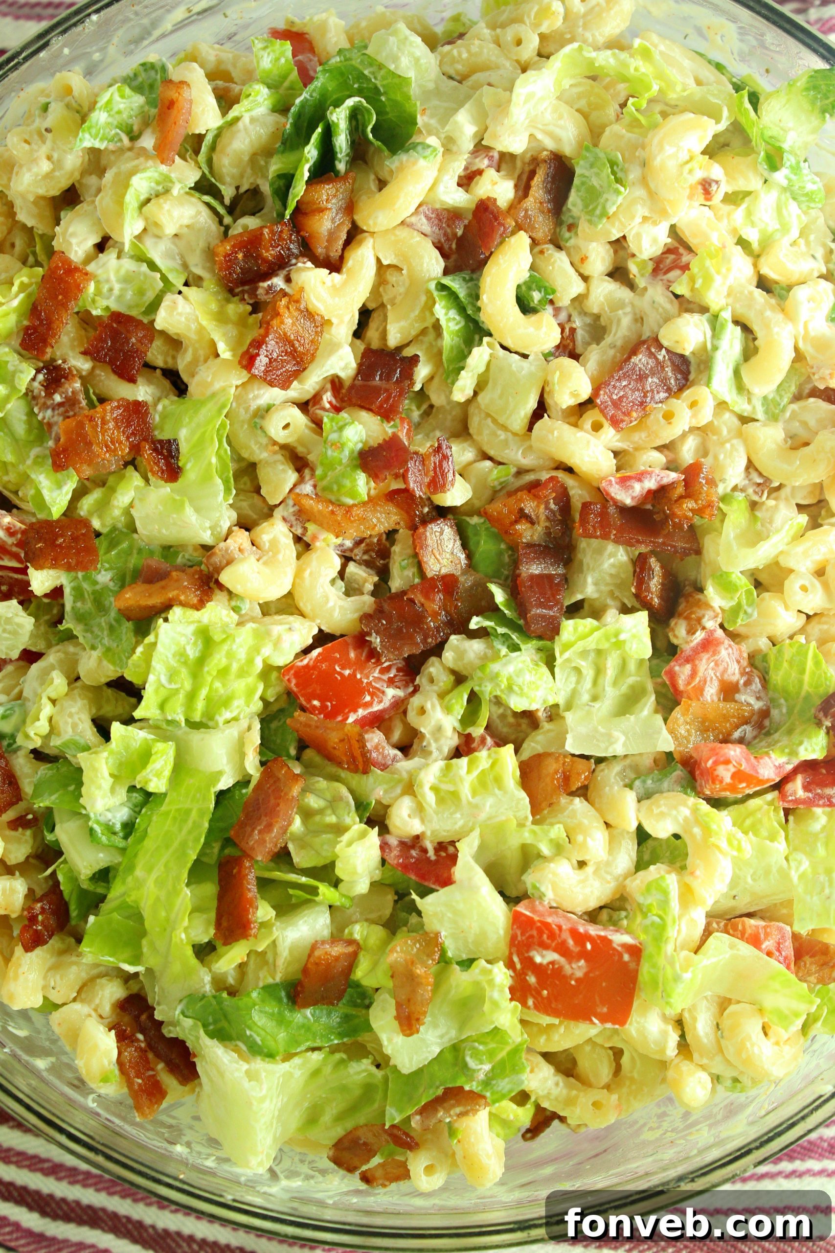 Overhead shot of BLT Pasta Salad, emphasizing the fresh ingredients and appealing presentation.