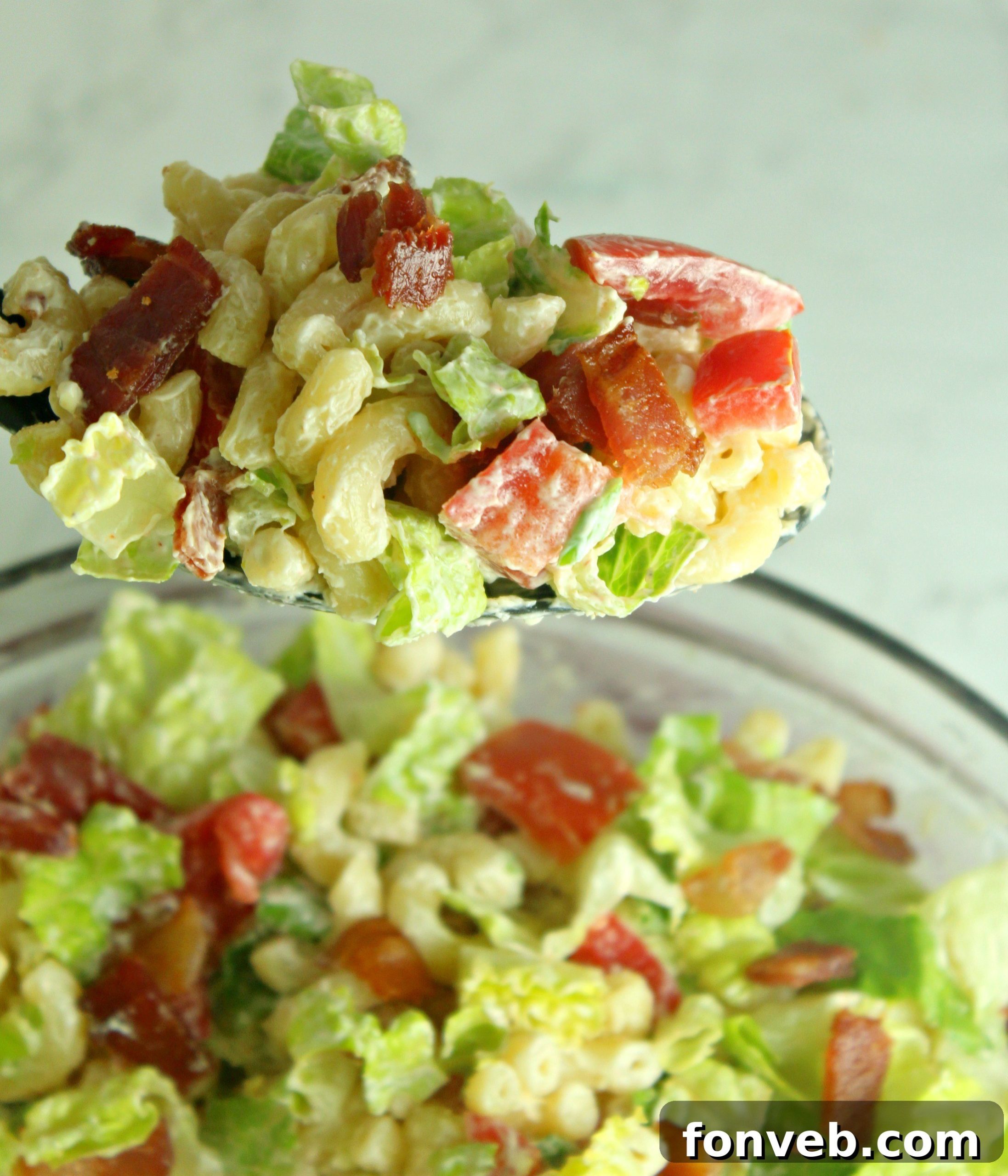 Final plated BLT Pasta Salad, ready for a delicious meal.