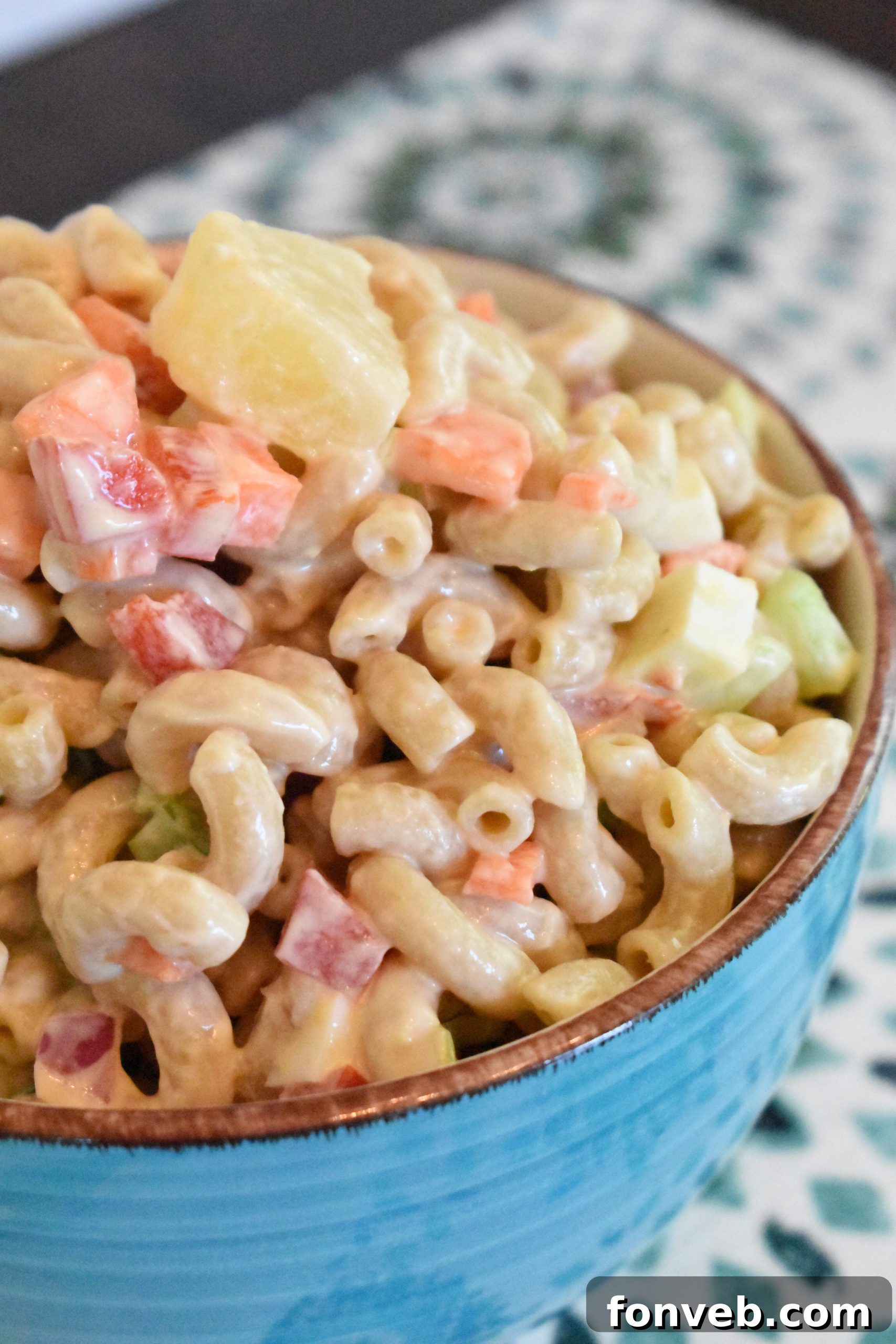 Tropical Macaroni Salad showcasing the creamy dressing and fresh ingredients