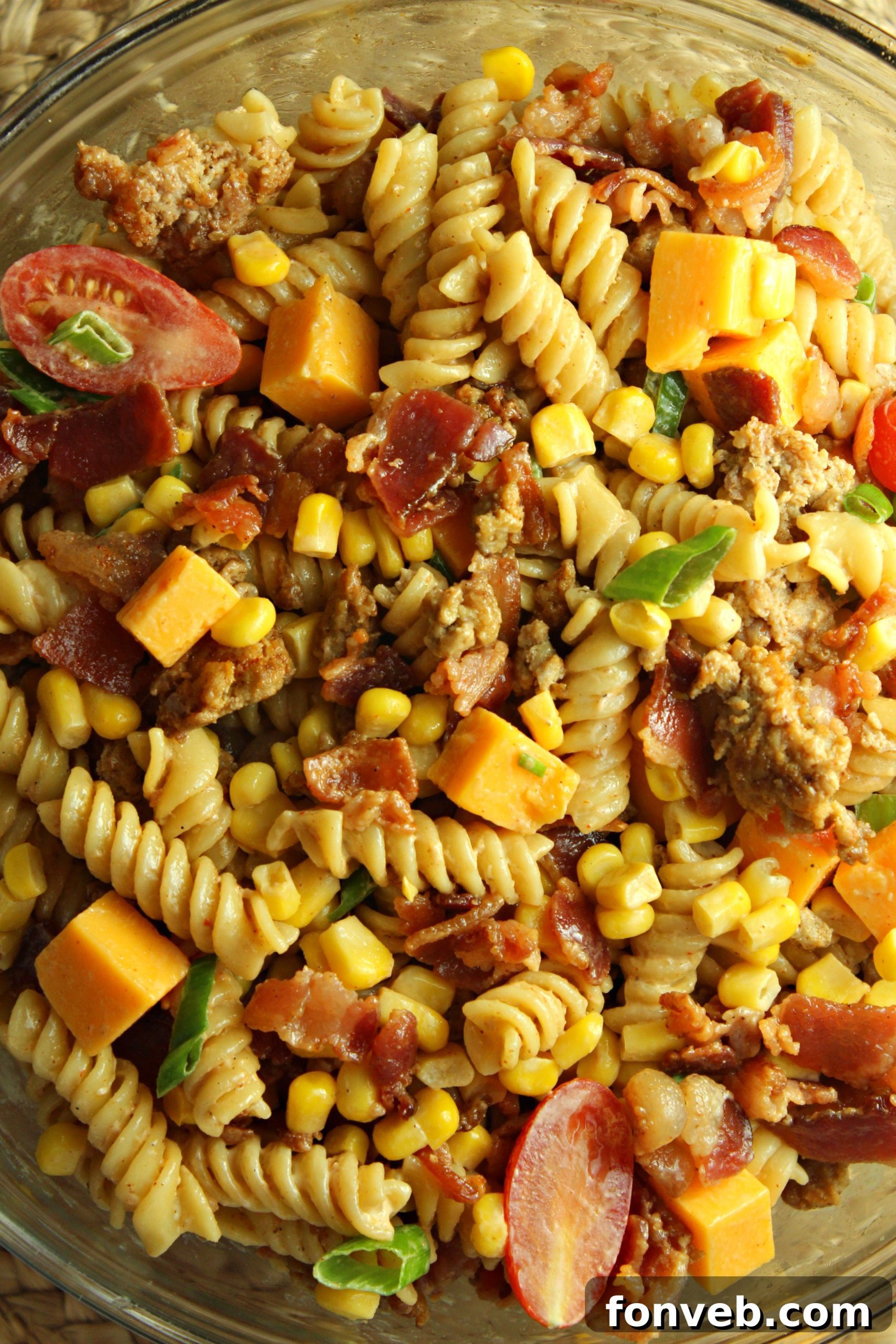 Bowl of Loaded Cowboy Pasta Salad with bacon and cheese