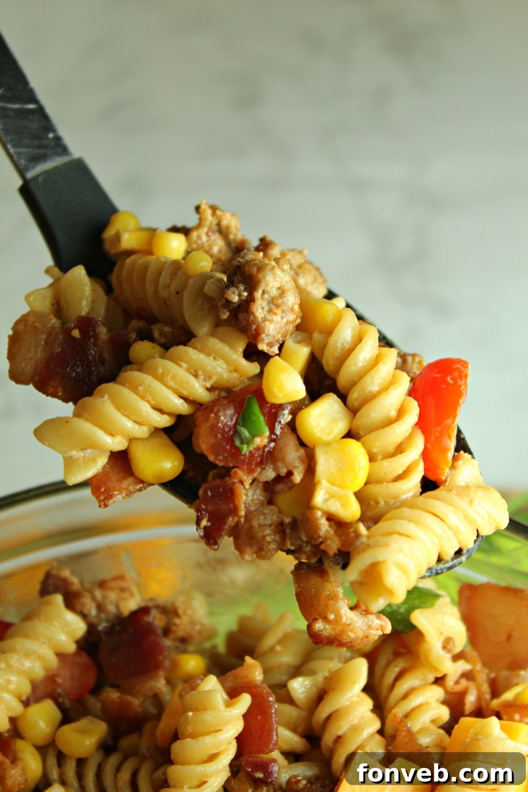 Delicious Loaded Cowboy Pasta Salad ready to be served
