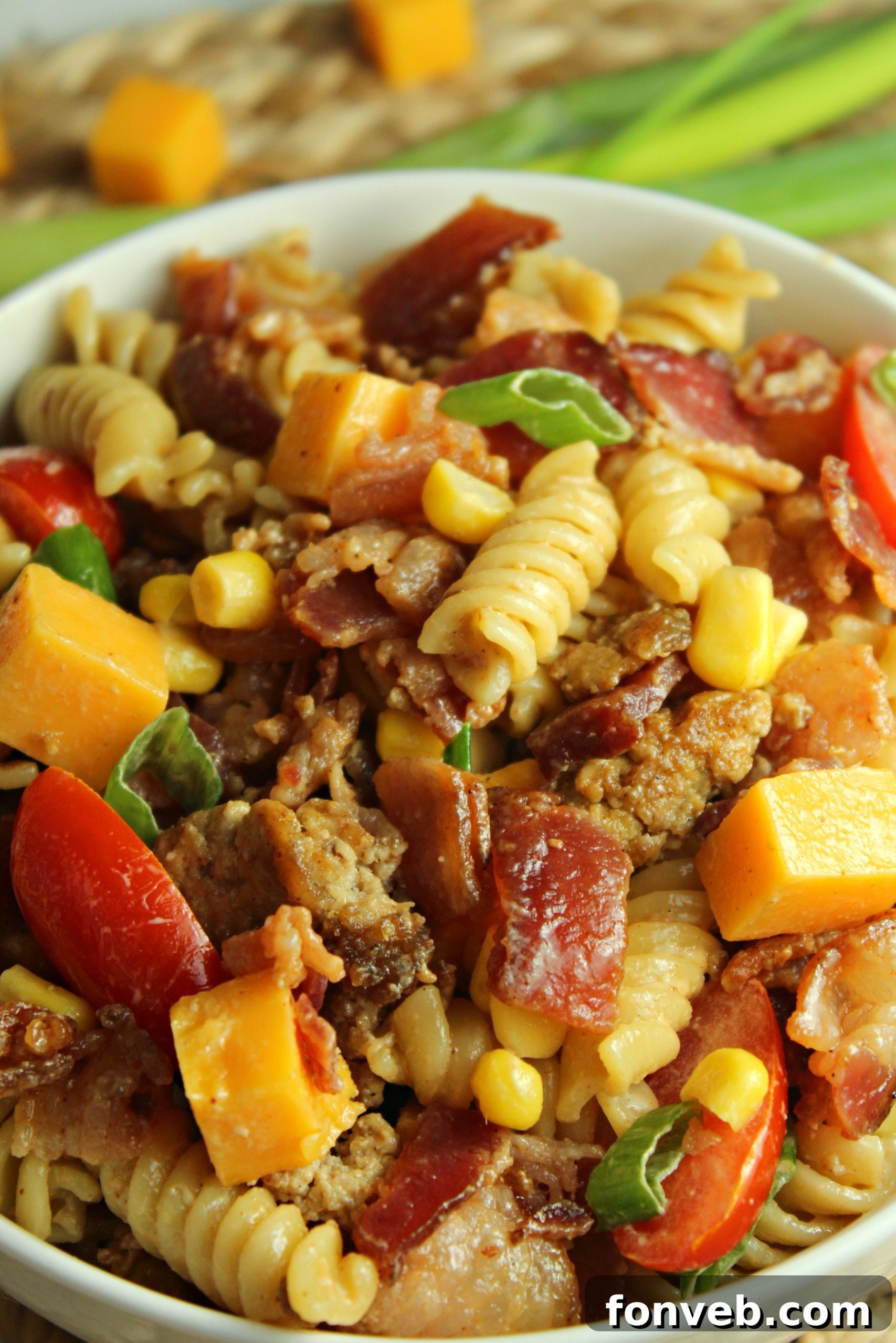 Loaded Cowboy Pasta Salad with a vibrant dressing