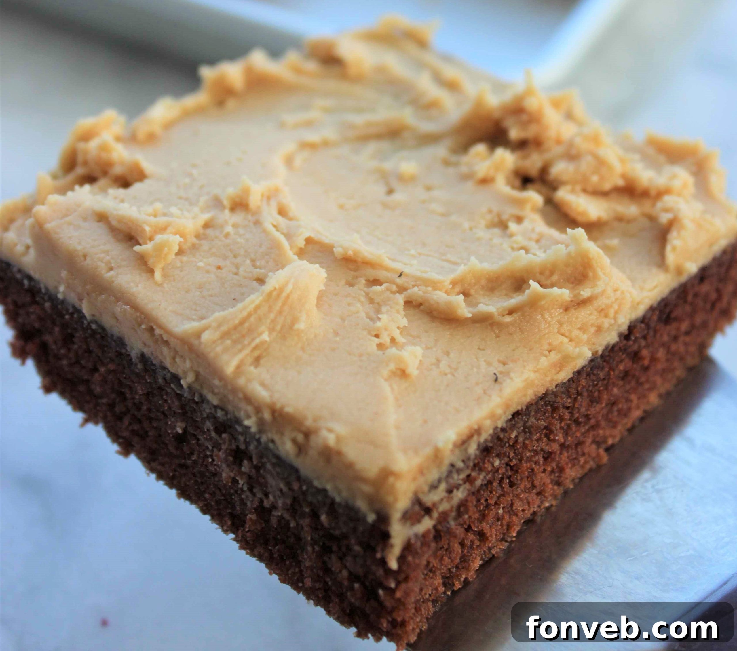Ultimate Peanut Butter Texas Sheet Cake 2 Freshly baked Texas Sheet Cake with a rich chocolate base and a swirl of creamy peanut butter frosting on top, ready to be sliced.