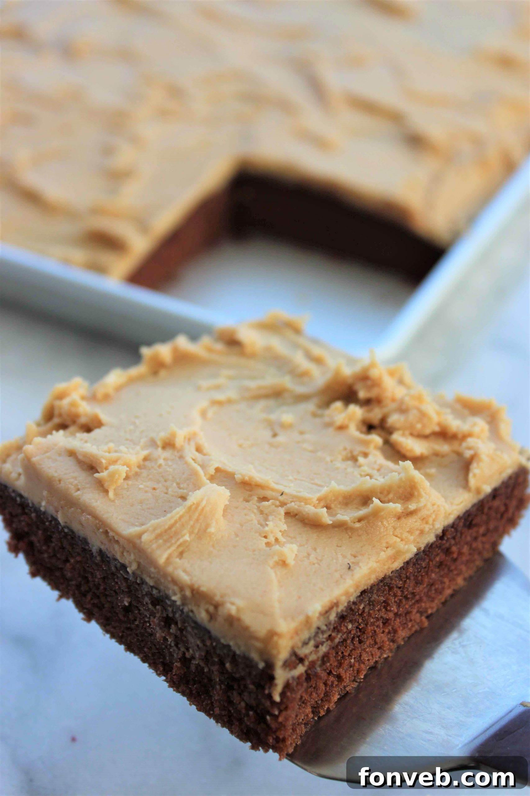 Ultimate Peanut Butter Texas Sheet Cake 5 Another perspective of the Texas Sheet Cake, showing a generous slice taken out, revealing the soft chocolate cake beneath the peanut butter frosting.