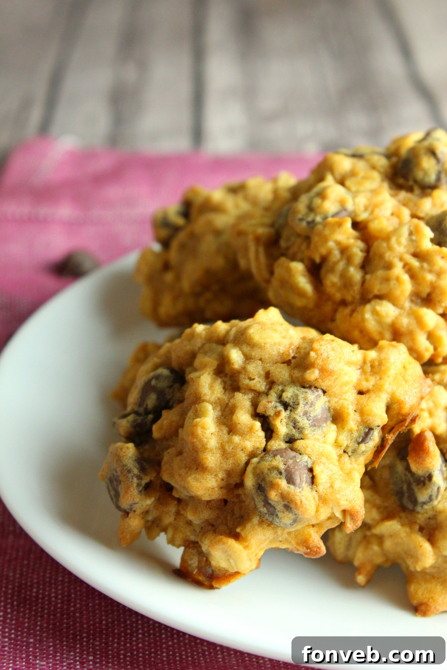 Close-up of a stack of pumpkin oatmeal chocolate chip cookies showing their soft texture and rich ingredients