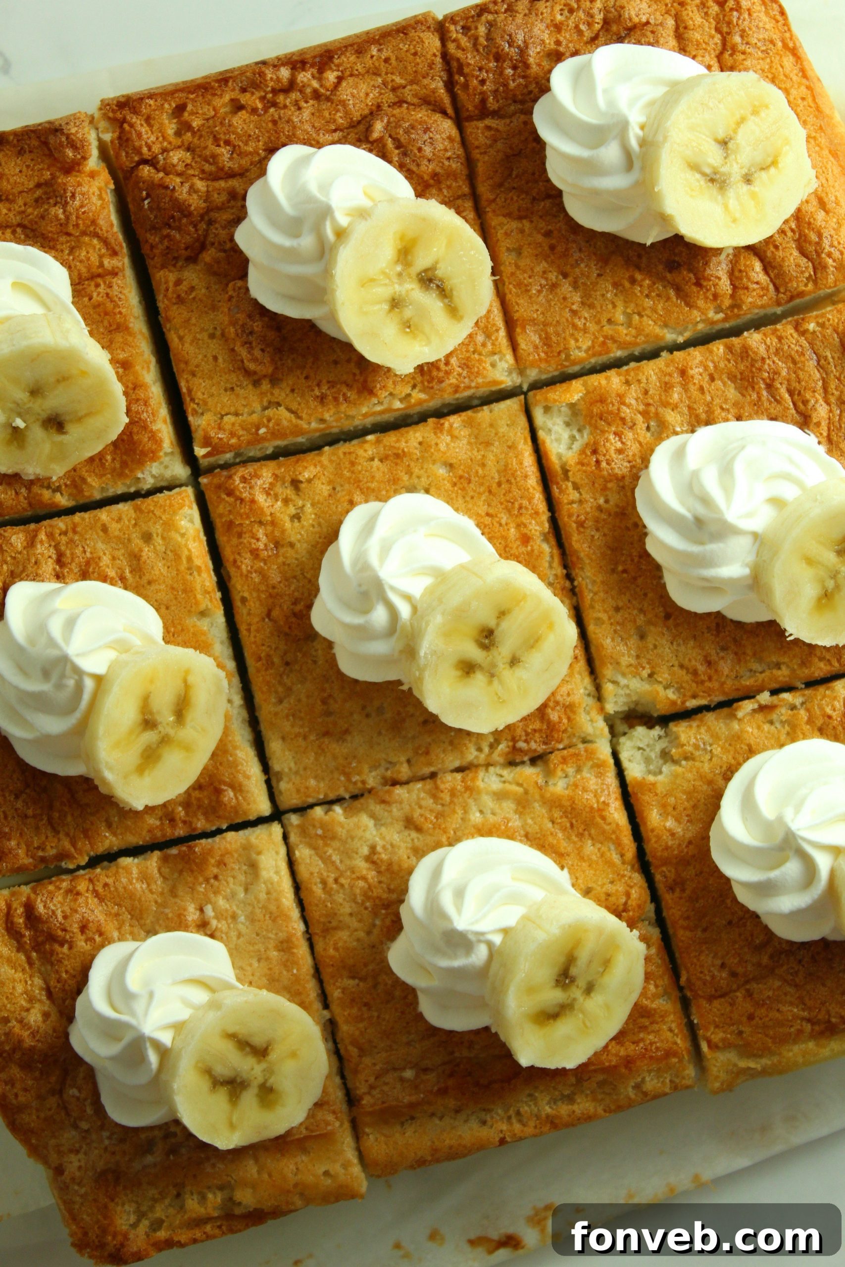 Banana Alchemy Cake 4 Overhead view of a whole Banana Magic Cake, ready to be sliced.