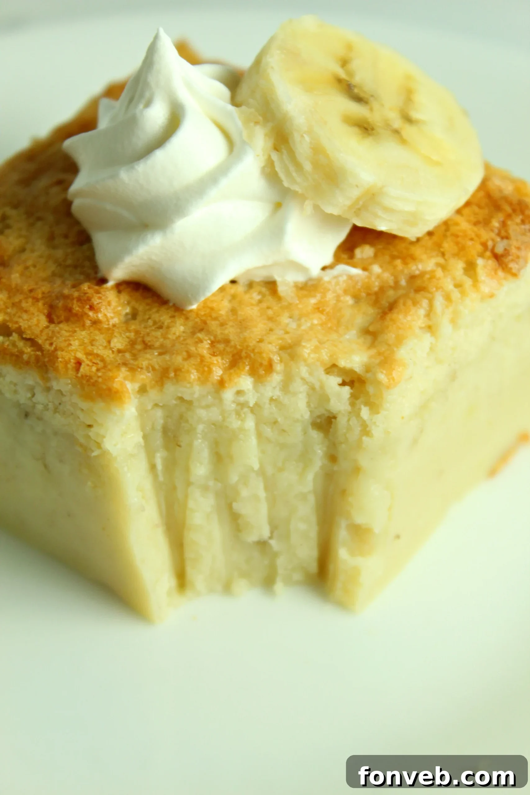 Banana Alchemy Cake 7 A serving of Banana Magic Cake garnished with whipped cream and fresh banana slices.