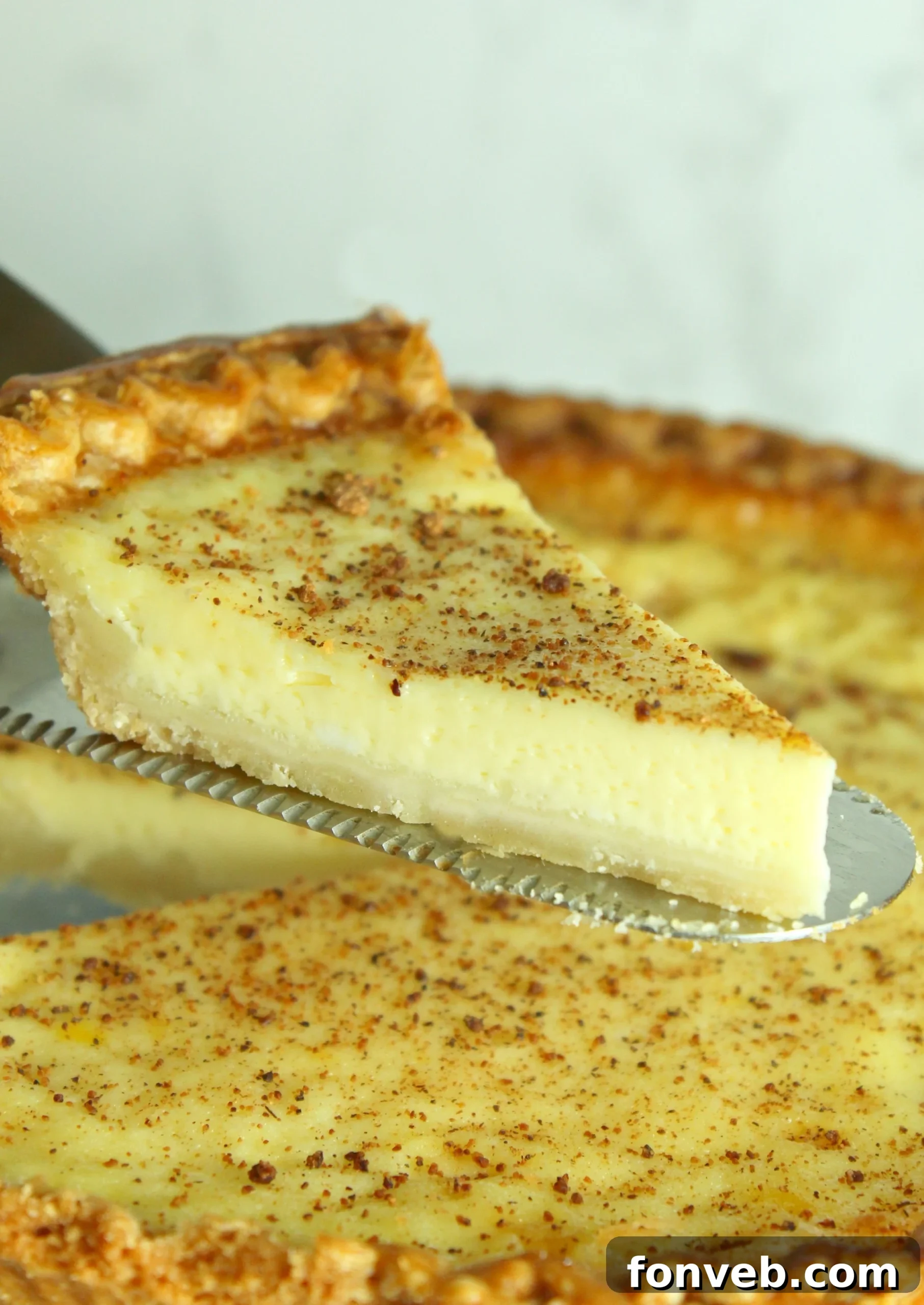 A beautifully baked Old Fashioned Cream Custard Pie, golden brown and ready to serve, symbolizing grandma's traditional recipe.