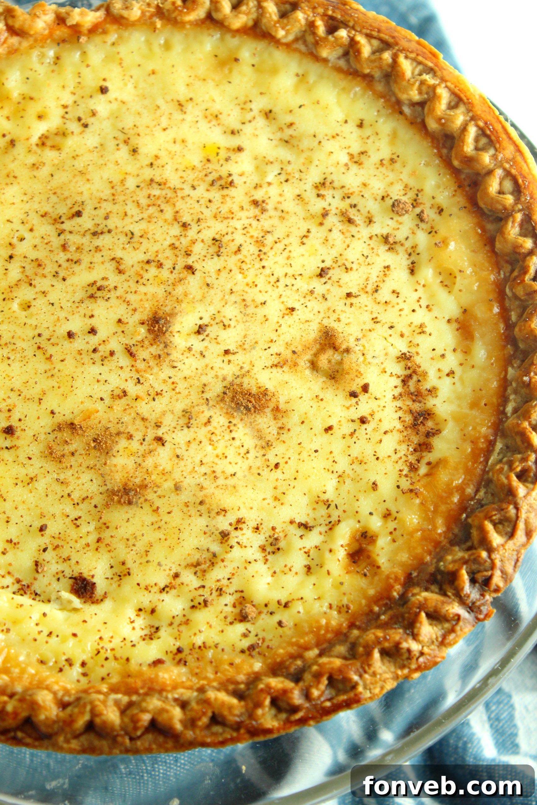 Close-up of a slice of Old Fashioned Cream Custard Pie, showing the creamy texture and golden crust, inviting a taste.