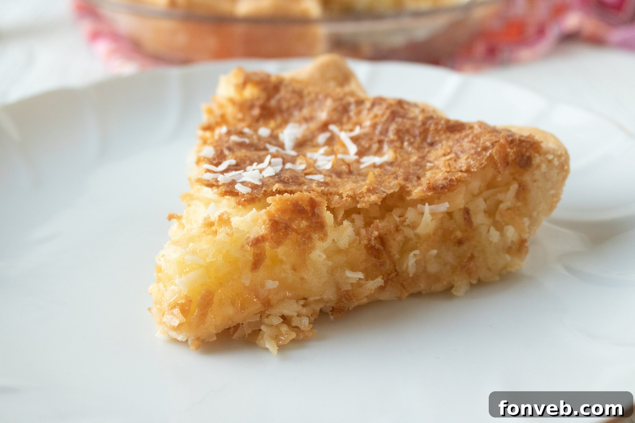 Nana's Classic Coconut Pie 2 A beautifully baked Nana's Coconut Pie, golden brown and garnished with toasted coconut flakes.