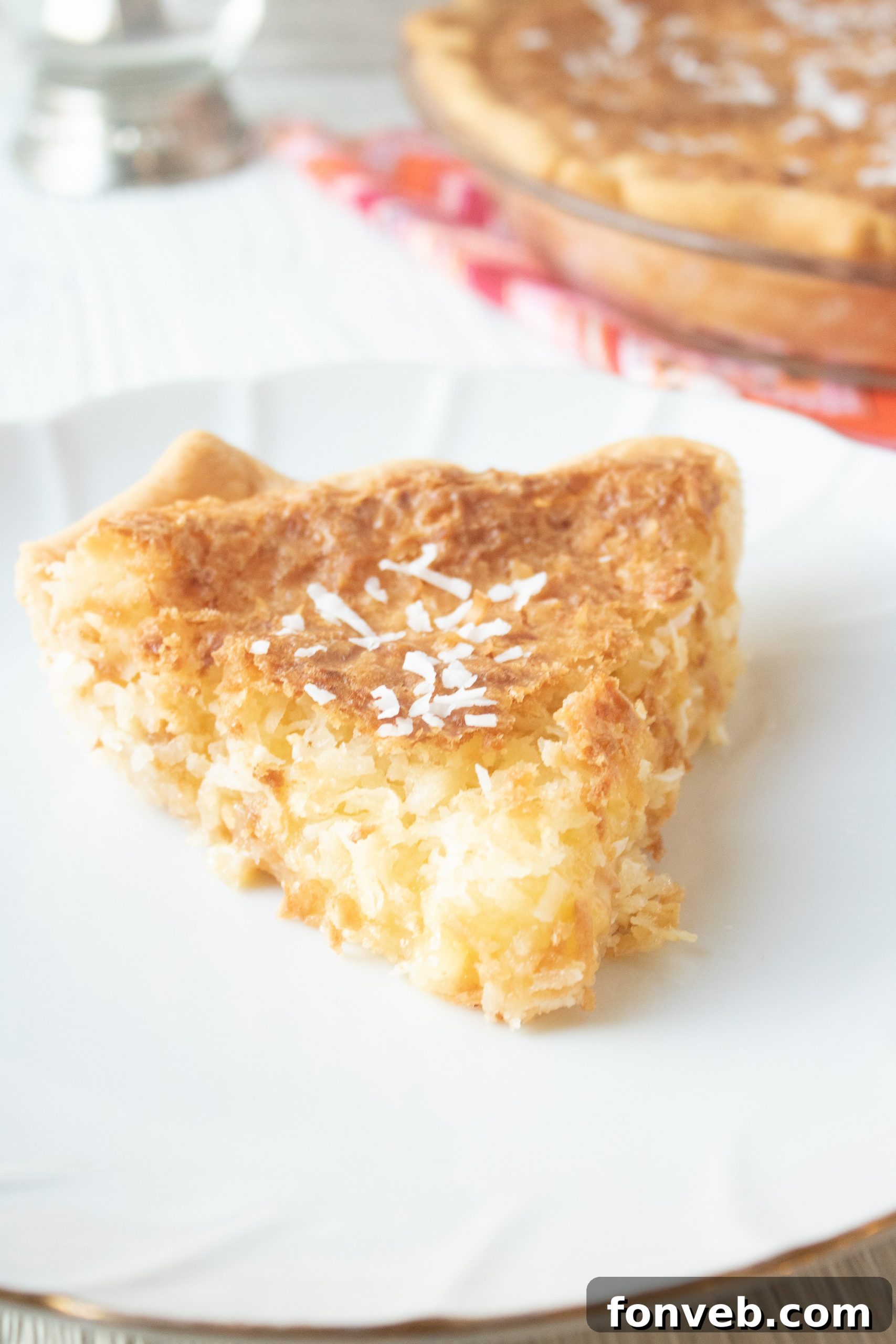 Nana's Classic Coconut Pie 4 A generous slice of Nana's Coconut Pie on a plate, showing its creamy filling.