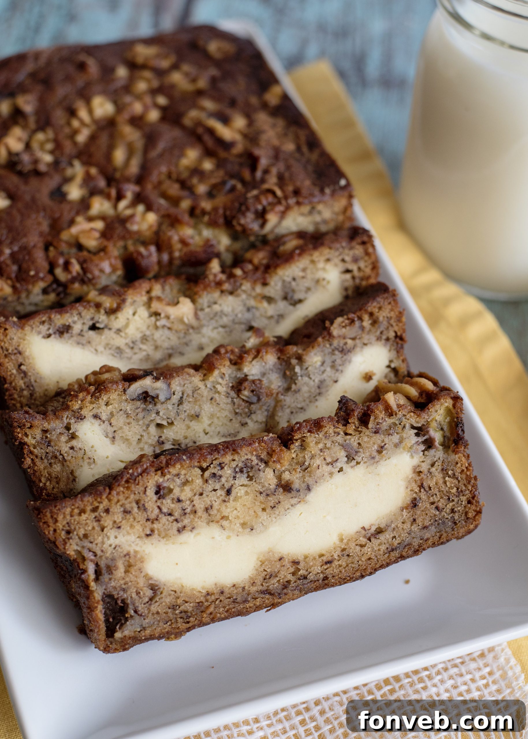 Top-down view of a slice of Cream Cheese Banana Bread.