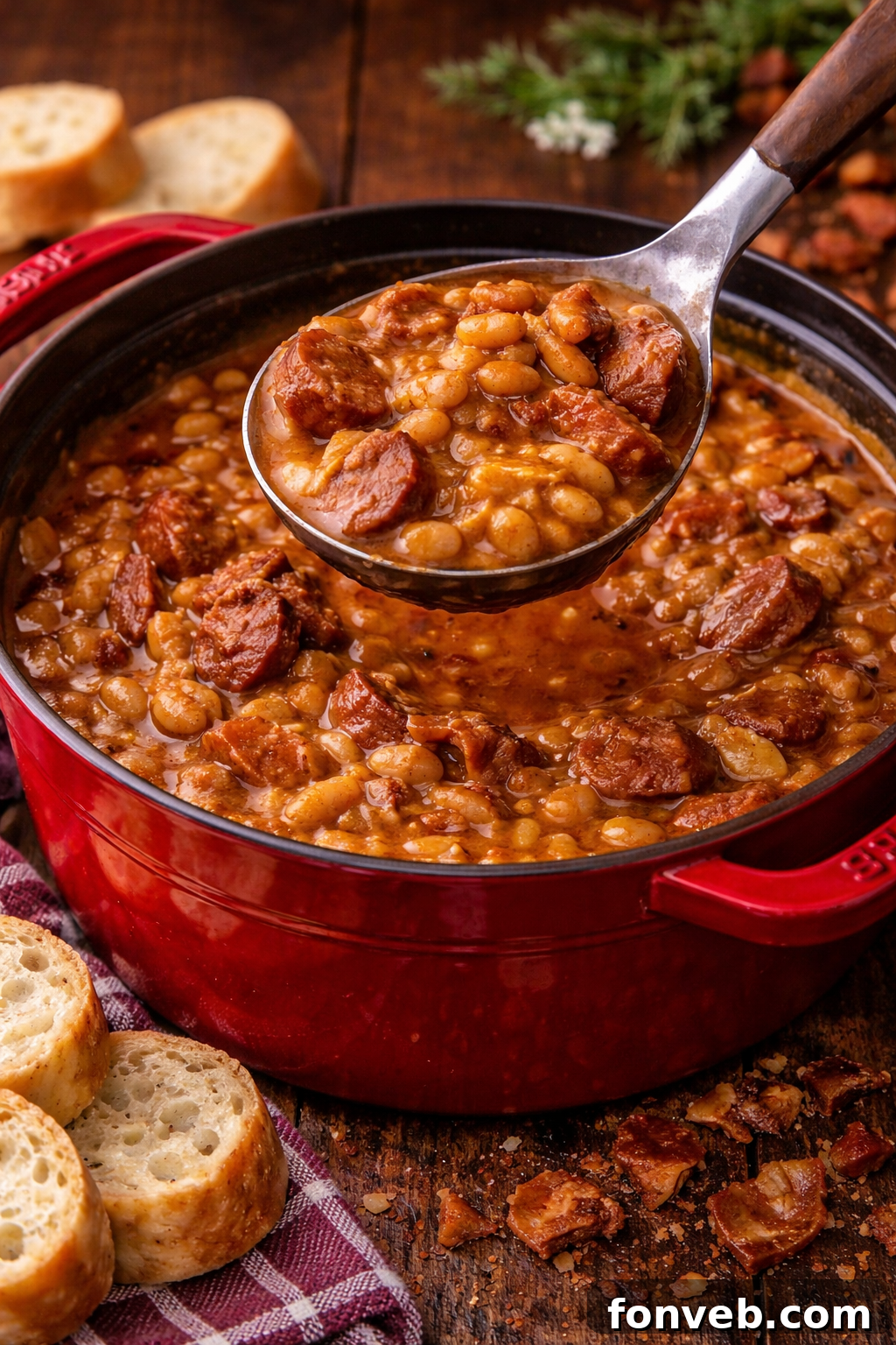 Signature Smoked Sausage Baked Beans 3 A serving spoon lifting Ultimate Baked Beans with Smoked Sausage from a red Dutch oven