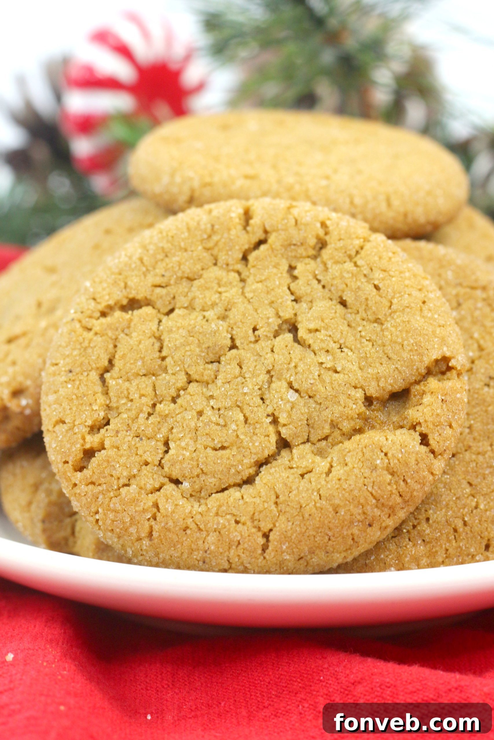 Close-up of freshly baked soft batch gingerbread cookies with a dusting of sugar, highlighting their chewy texture and warm, inviting color.