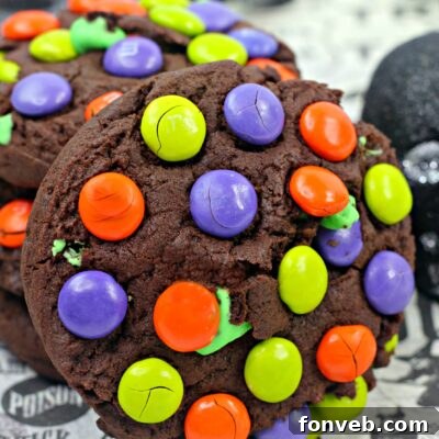 A close-up of a Monster Mash Chocolate Cookie, freshly baked and ready to be enjoyed.