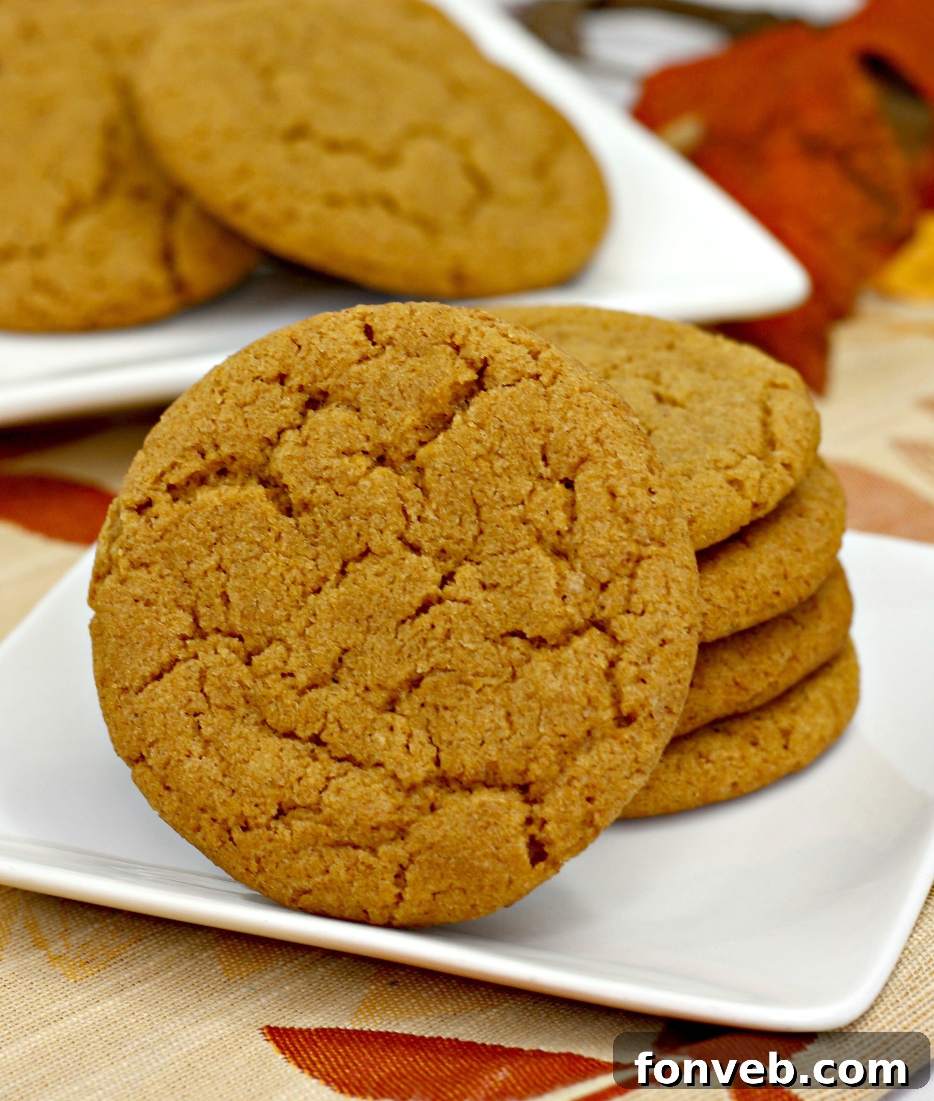 Arrangement of Chewy Pumpkin Gingersnap Cookies on a festive plate